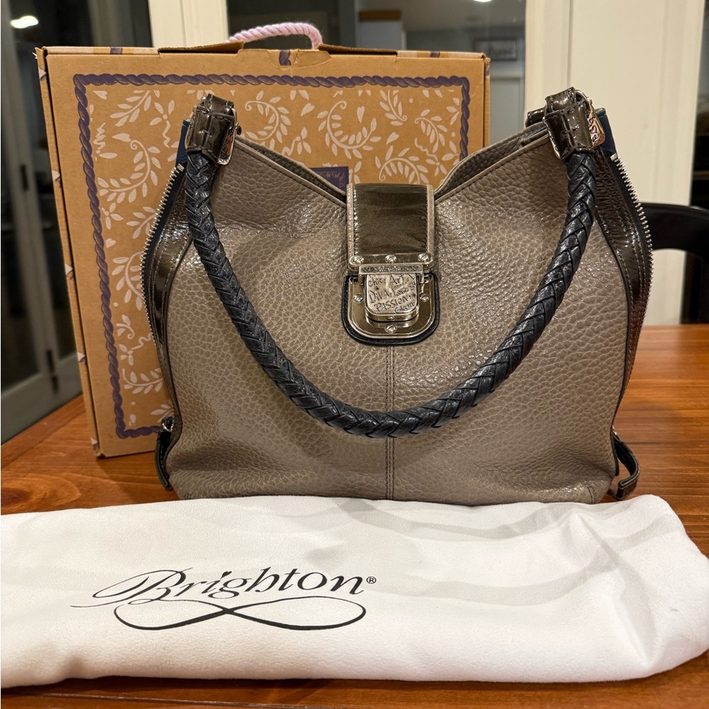 Brighton Taupe and Black Leather Shoulder Bag